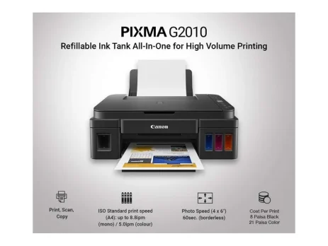 Canon PIXMA G2010 Ink Tank printer front view showing integrated transparent ink tanks
