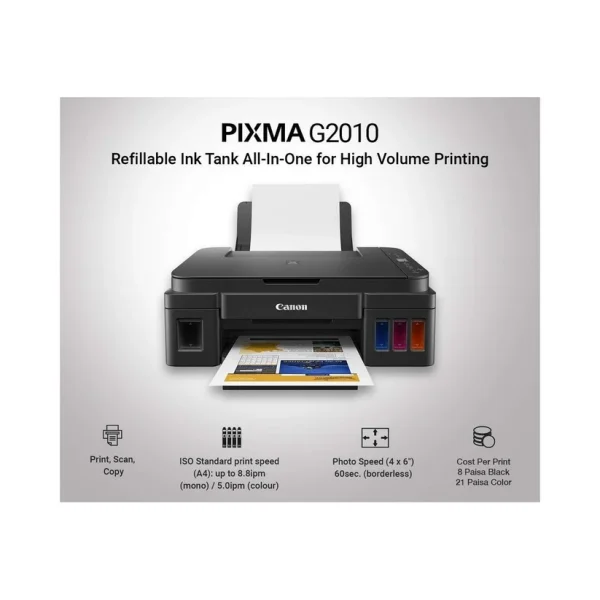 Canon PIXMA G2010 All-in-One Ink Tank Printer Canon PIXMA G2010 Ink Tank printer front view showing integrated transparent ink tanks