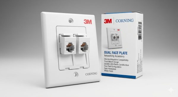 Corning 3M dual port networking face plate front view in clean white finish