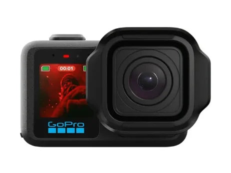 Front perspective of the GoPro MISSION 1 compact 8K cinema camera