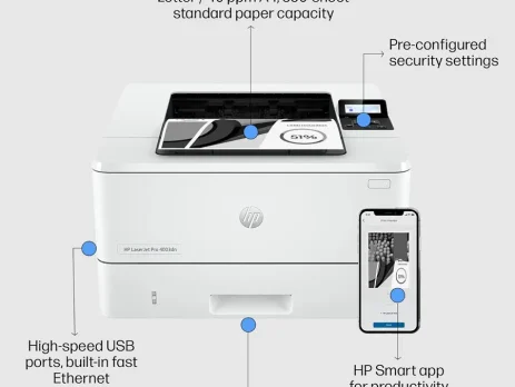 HP LaserJet Pro M4003DN monochrome printer front perspective view
