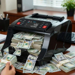 Speed-X SP-CM810 banknote counter processing bills through the stacker tray