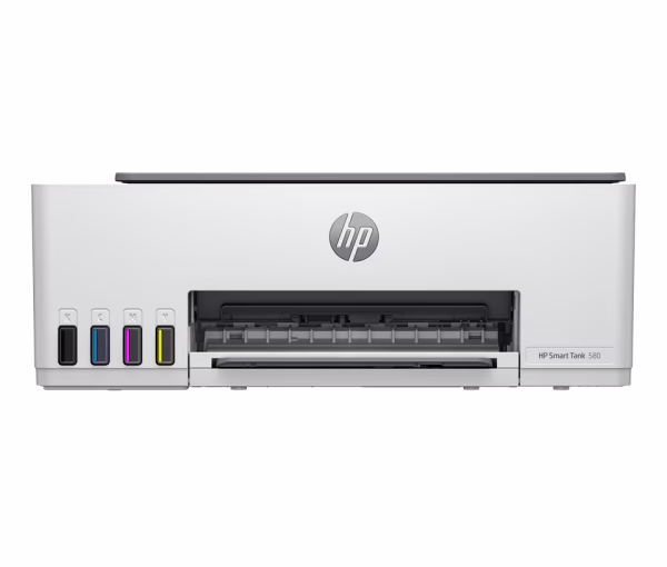 HP Smart Tank 580 All-in-One Wireless Printer front view with ink levels visible