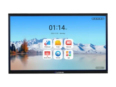 Lumevax Lite IFP-L65A 65-inch 4K UHD Interactive Flat Panel Display mounted in a modern boardroom