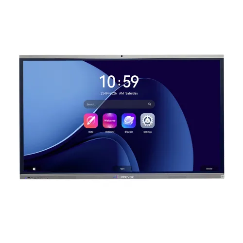 Lumevax Standard IFP-S65A 65-inch 4K UHD Interactive Flat Panel Display with built-in 48MP AI camera mounted in boardroom
