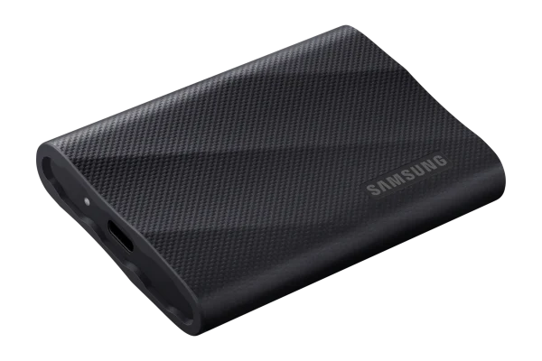 Side view of Samsung T9 Portable SSD showing USB-C port connection