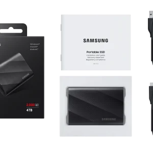 Included USB-C to USB-C and USB-C to USB-A cables alongside the Samsung T9 SSD