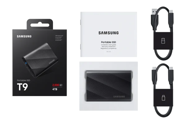 Included USB-C to USB-C and USB-C to USB-A cables alongside the Samsung T9 SSD