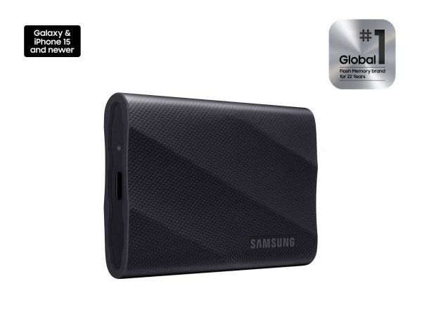 Samsung T9 4TB Portable SSD in black rubberized finish on a desk
