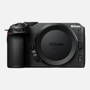 Side profile of Nikon Z30 showing USB-C port, HDMI connector, and mic input