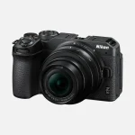 Front view of Nikon Z30 Mirrorless Vlogging Camera with 16-50mm lens kit attached