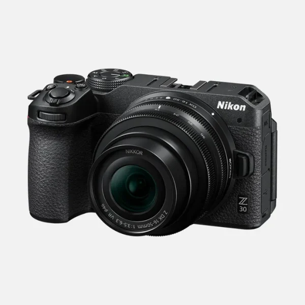 Nikon Z30 Vlogging Camera 16-50mm Kit Front view of Nikon Z30 Mirrorless Vlogging Camera with 16-50mm lens kit attached
