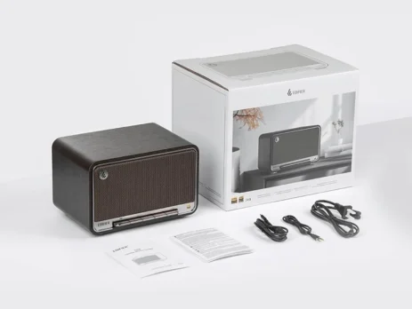 Edifier D32 Tabletop Wireless Speaker in Black Walnut front view