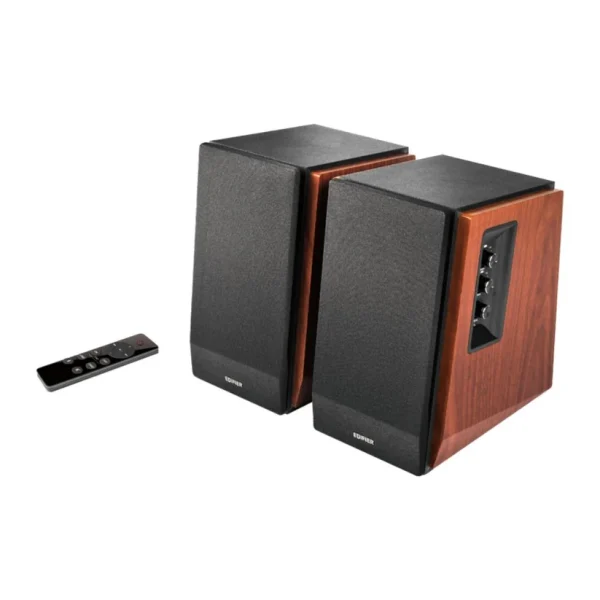 Side panel adjustment dials for bass treble and volume on Edifier R1700BTs speaker