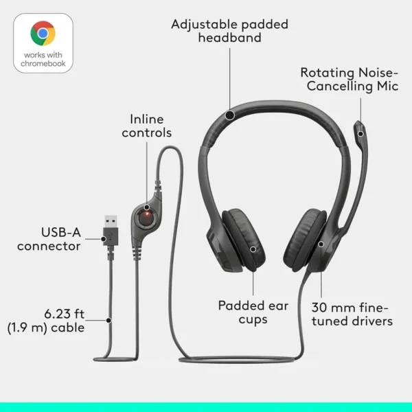 Inline volume and mute control buttons on Logitech H390 cable