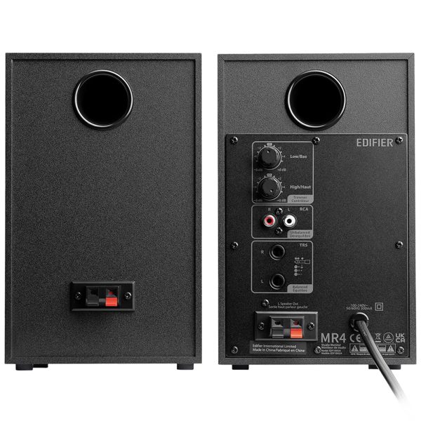 Rear panel of Edifier MR4 active speaker displaying TRS balanced and RCA inputs