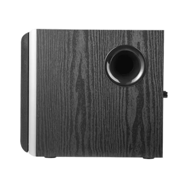 Edifier T5 Subwoofer paired with Edifier bookshelf speakers on a desk